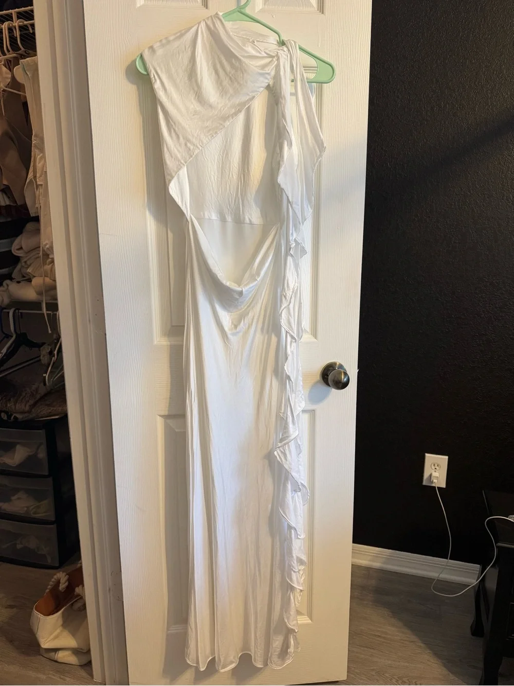 Shona Joy White Sleeveless Gown with Side Ruffle